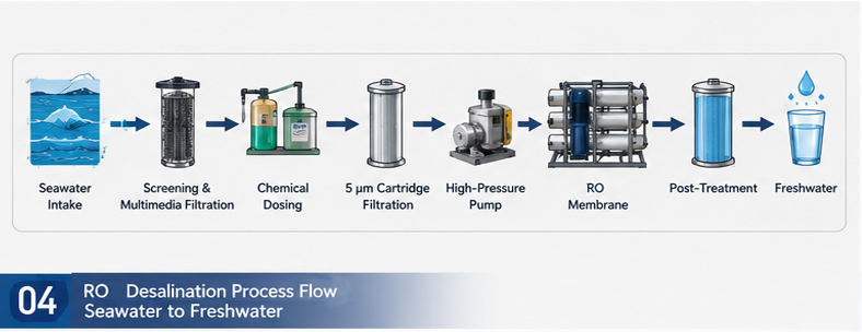 Seawater Reverse Osmosis Desalination Process Flow