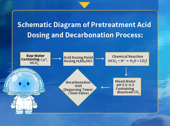 RO pretreatment acid dosing and decarbonation process